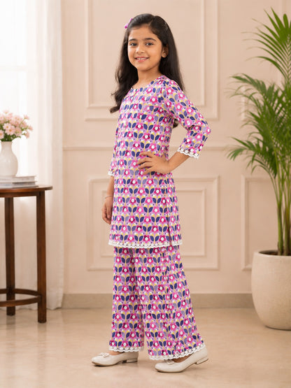 Girls Floral Printed Cambric Cotton Straight Kurta with Palazzo Set