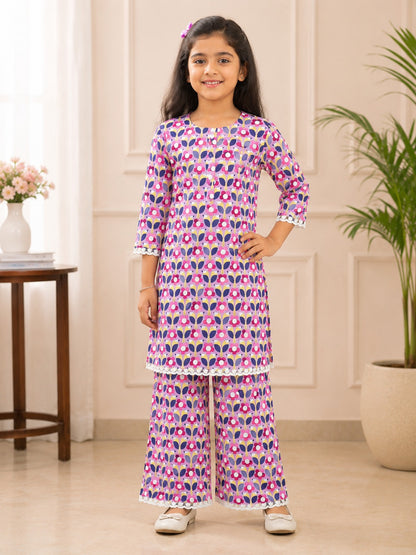 Girls Floral Printed Cambric Cotton Straight Kurta with Palazzo Set