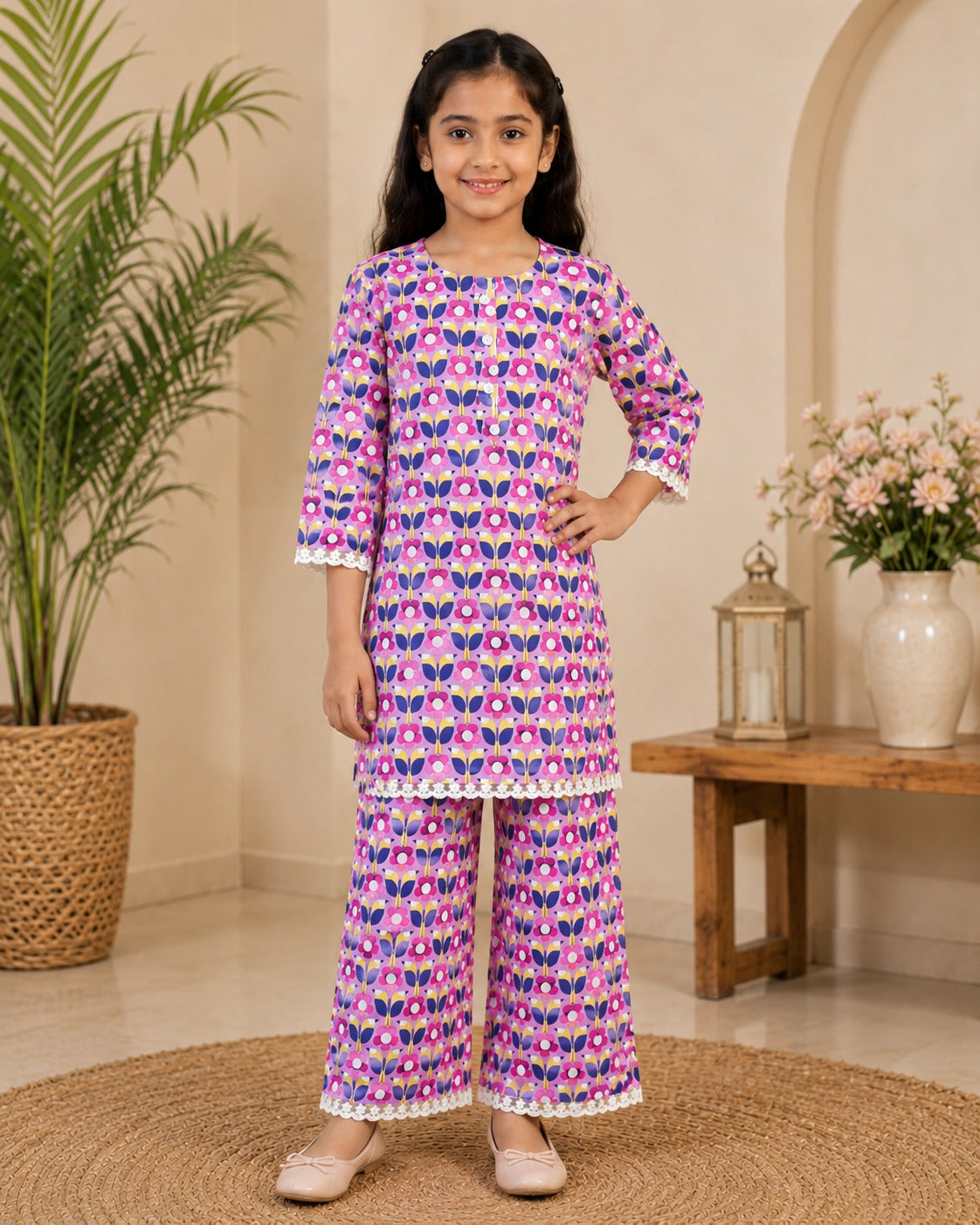 Girls Floral Printed Cambric Cotton Straight Kurta with Palazzo Set