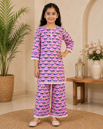 Girls Floral Printed Cambric Cotton Straight Kurta with Palazzo Set