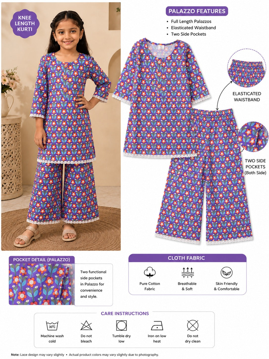 Girls Floral Printed Cambric Cotton Straight Kurta with Palazzo Set