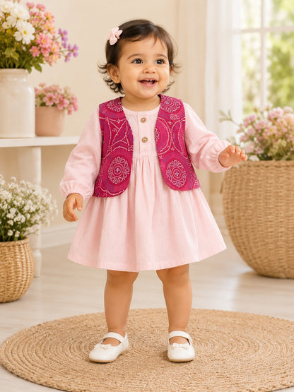 Girls Cotton Dress with Printed Jacket | Soft & Comfortable Kids Wear