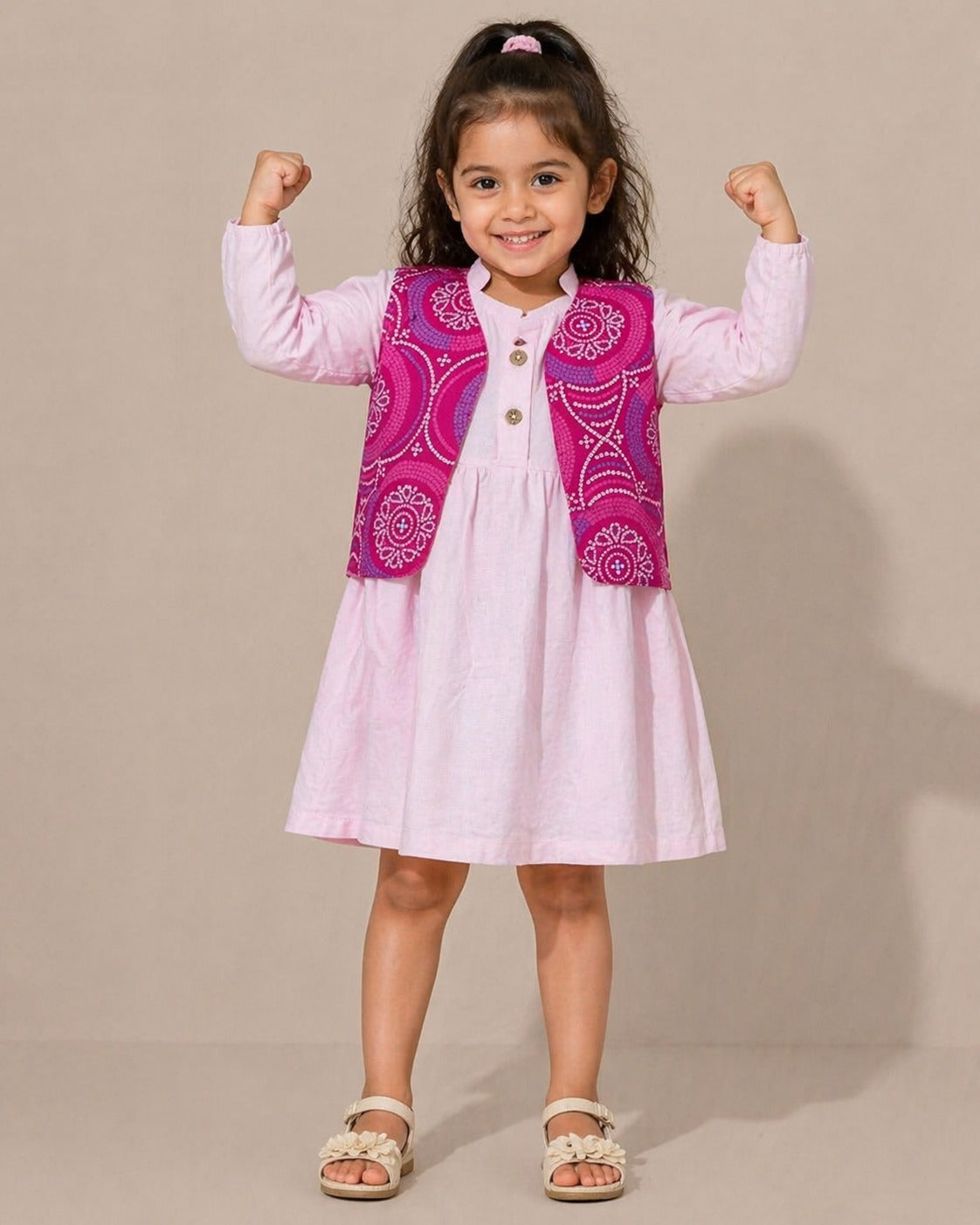 Girls Cotton Dress with Printed Jacket | Soft & Comfortable Kids Wear