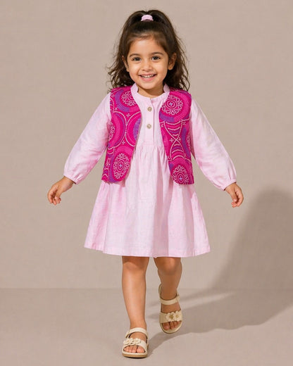 Girls Cotton Dress with Printed Jacket | Soft & Comfortable Kids Wear