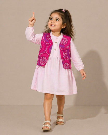 Girls Cotton Dress with Printed Jacket | Soft & Comfortable Kids Wear