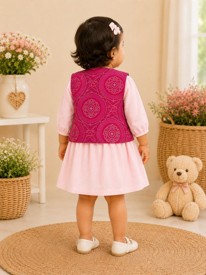 Girls Cotton Dress with Printed Jacket | Soft & Comfortable Kids Wear