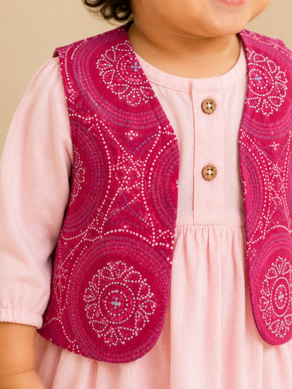 Girls Cotton Dress with Printed Jacket | Soft & Comfortable Kids Wear