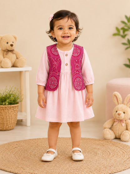 Girls Cotton Dress with Printed Jacket | Soft & Comfortable Kids Wear