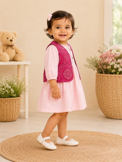 Girls Cotton Dress with Printed Jacket | Soft & Comfortable Kids Wear