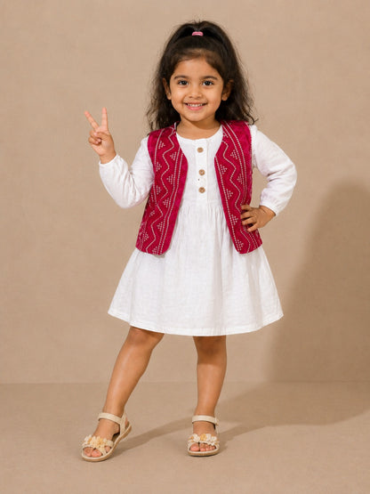 Girls Cotton Dress with Printed Jacket | Soft & Comfortable Kids Wear