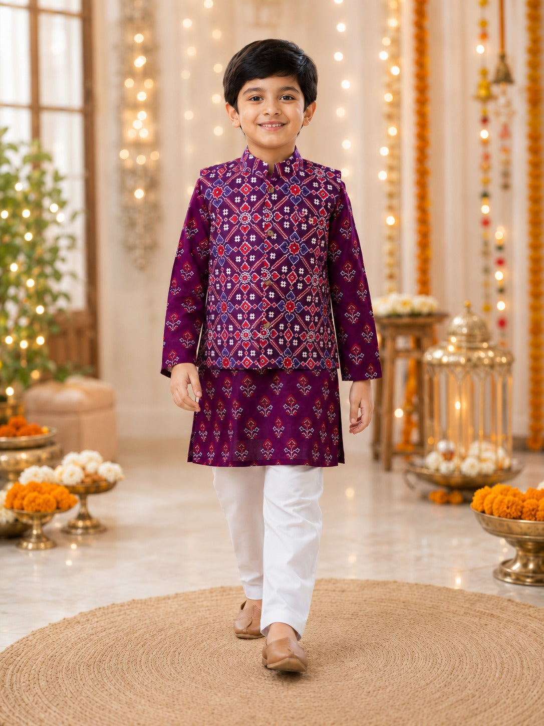 Purple Patola Print Jacket with Kurta -Pyjama