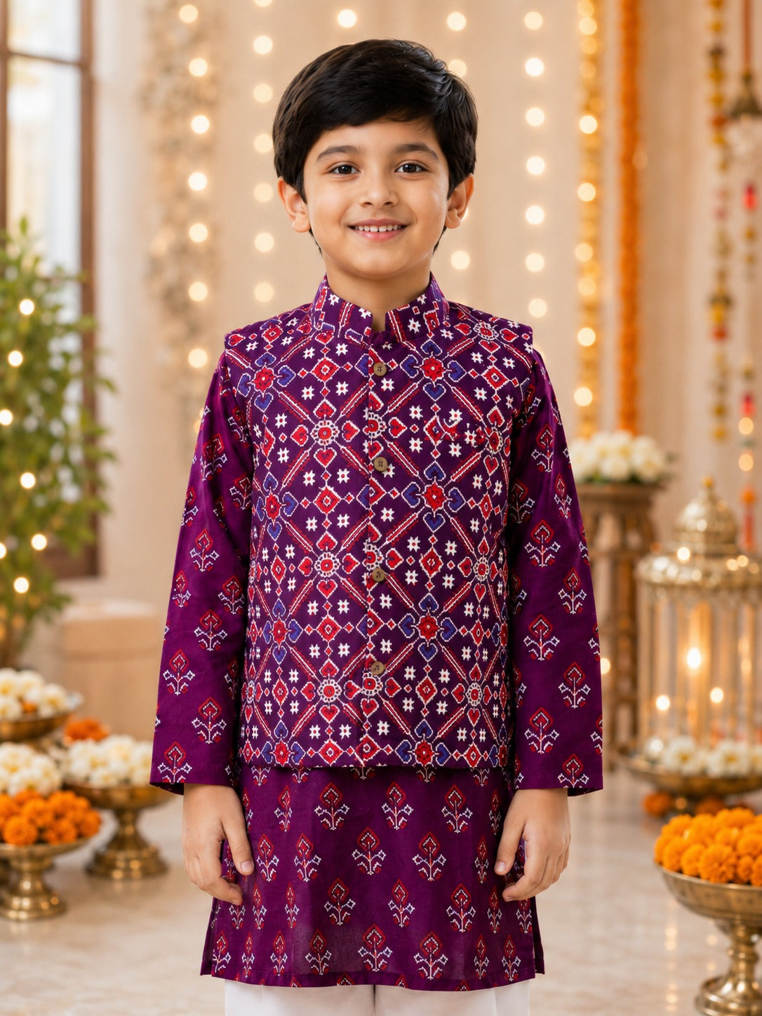 Purple Patola Print Jacket with Kurta -Pyjama
