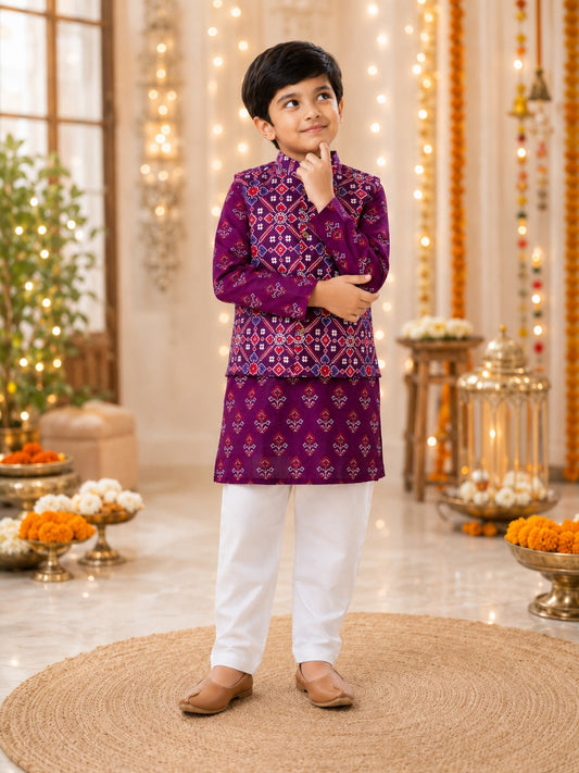 Purple Patola Print Jacket with Kurta -Pyjama