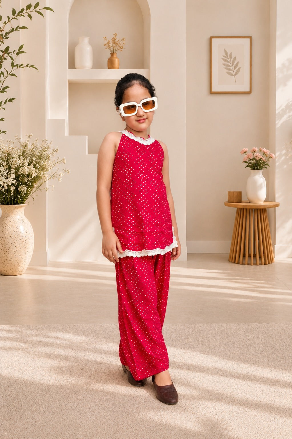 Rani Pink Coloured Bandhej halter neck kurti with Farshi salwar.