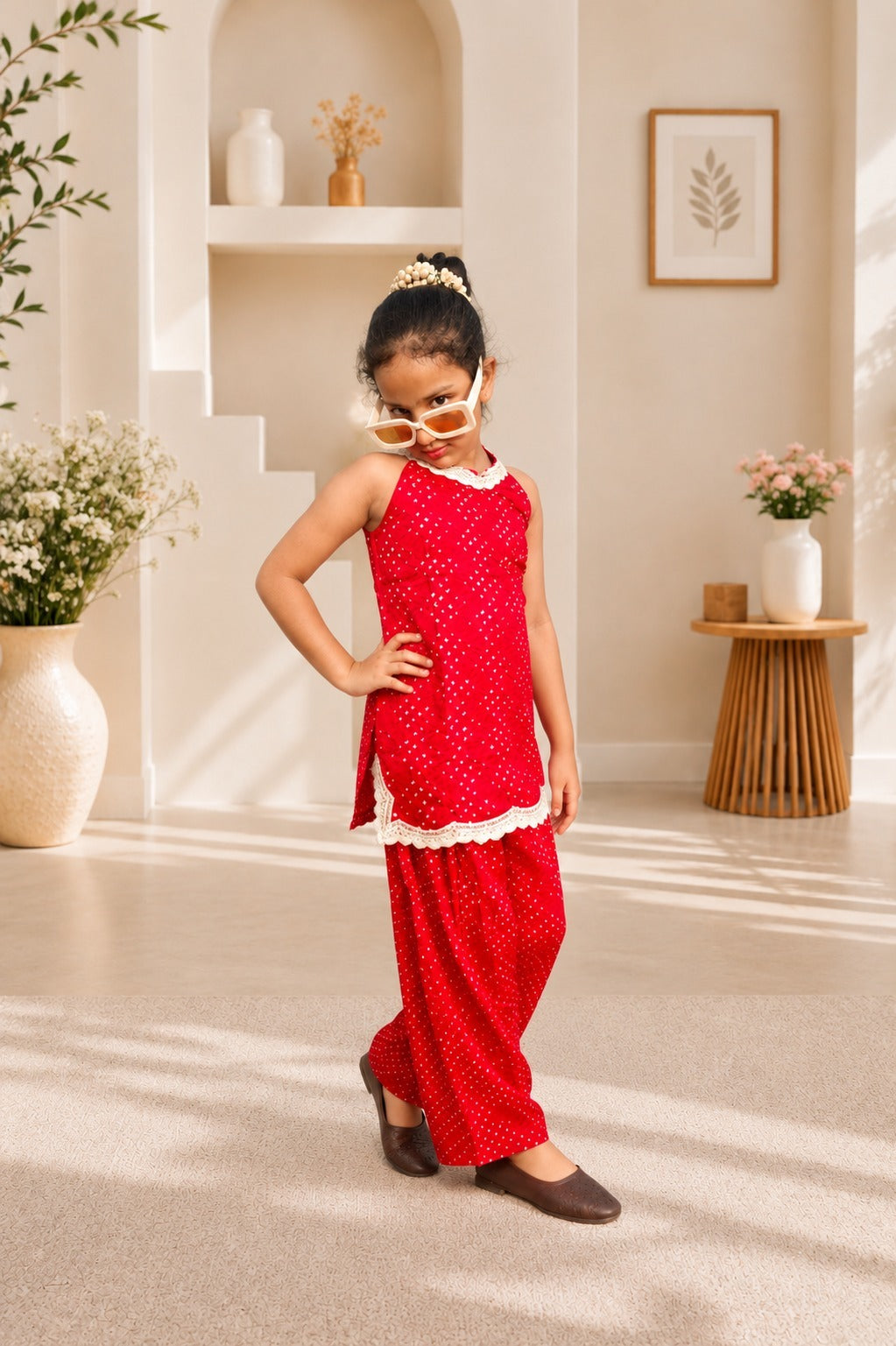 Rani Pink Coloured Bandhej halter neck kurti with Farshi salwar.