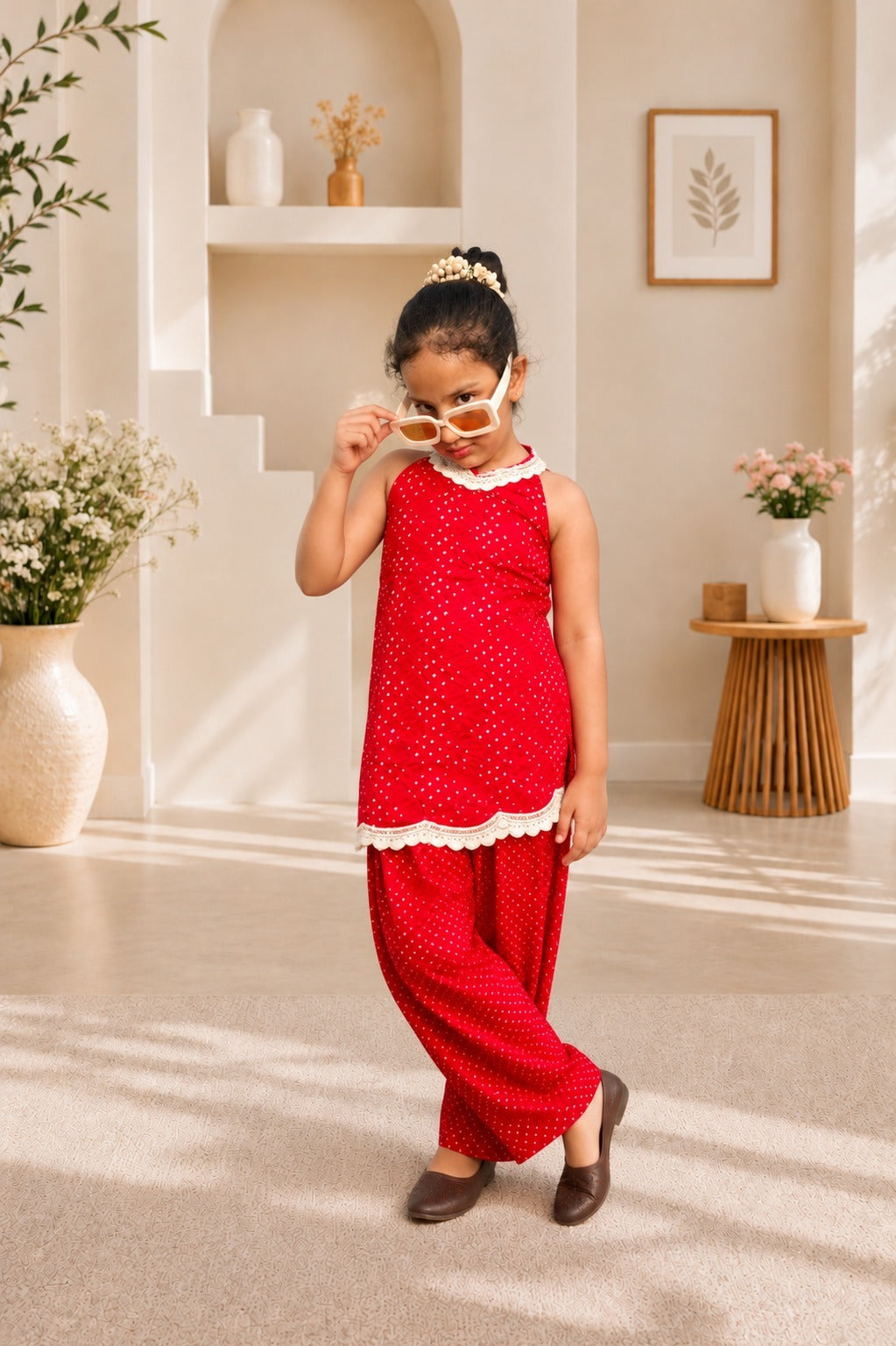Rani Pink Coloured Bandhej halter neck kurti with Farshi salwar.