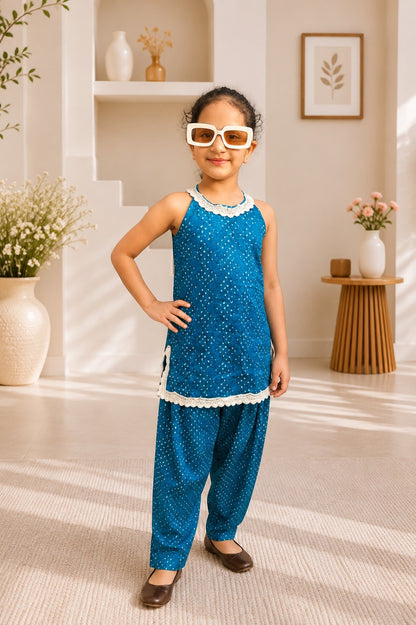 Teal Blue ColouredBandhej halter neck kurti with Farshi salwar