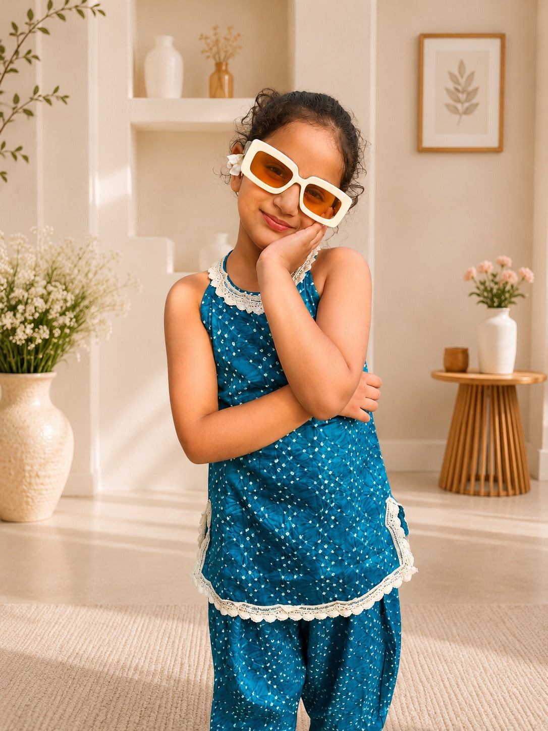 Teal Blue ColouredBandhej halter neck kurti with Farshi salwar