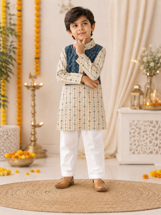 Block printed, Yoke design, Discharge Indigo (Navy Blue/Beige) Coloured kurta-Pyjama set
