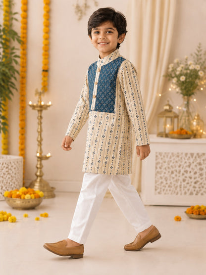 Block printed, Yoke design, Discharge Indigo (Navy Blue/Beige) Coloured kurta-Pyjama set