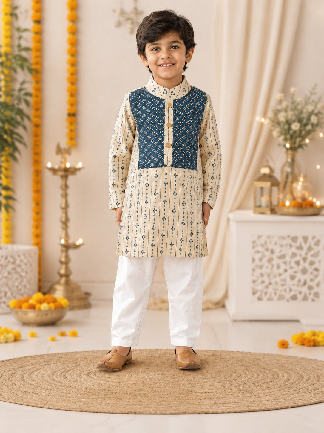 Block printed, Yoke design, Discharge Indigo (Navy Blue/Beige) Coloured kurta-Pyjama set