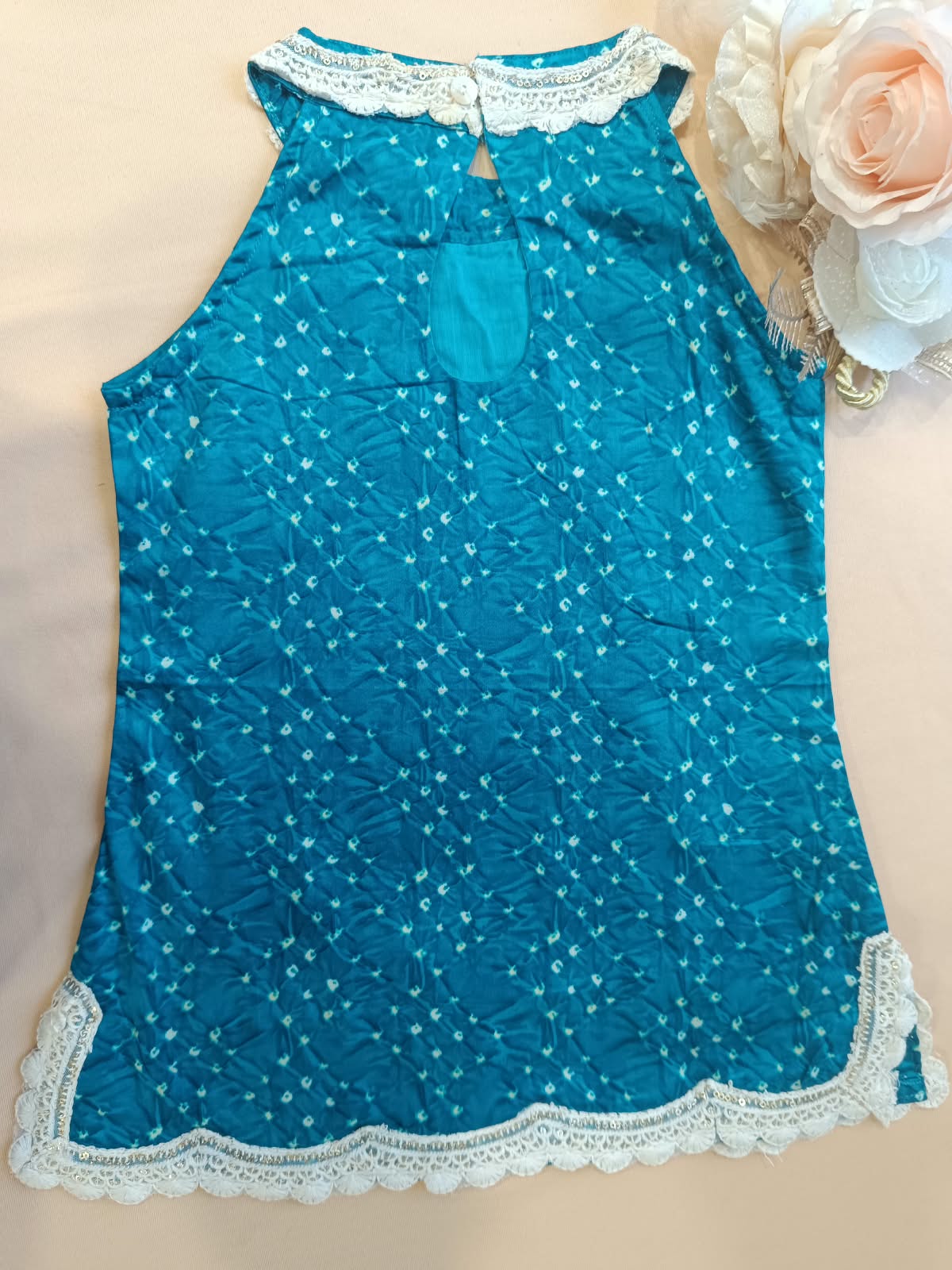 Teal Blue ColouredBandhej halter neck kurti with Farshi salwar