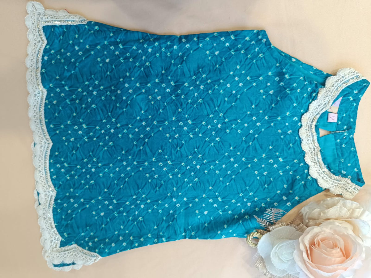 Teal Blue ColouredBandhej halter neck kurti with Farshi salwar