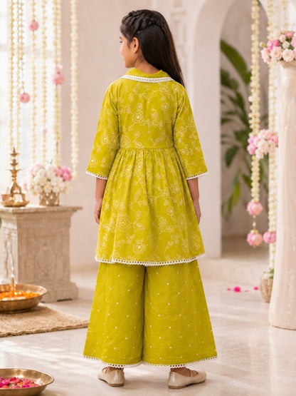 EmbroidedMul cotton Lime Greencoloured  flared kurti with embroided palazzo