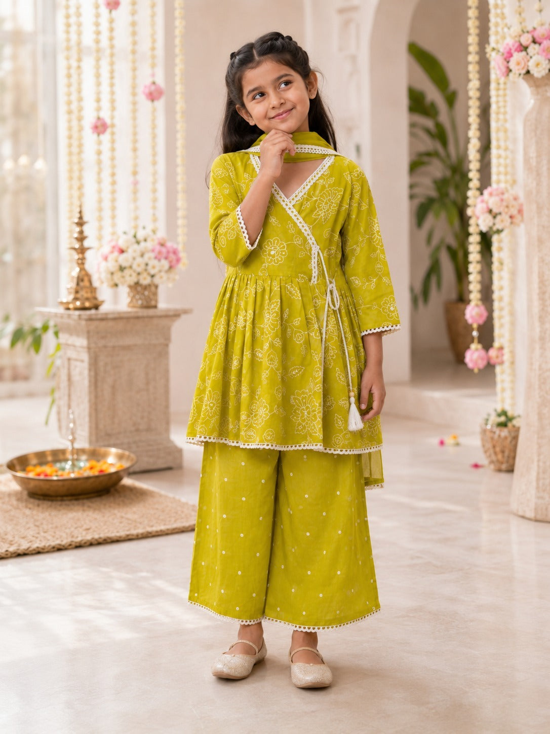 EmbroidedMul cotton Lime Greencoloured  flared kurti with embroided palazzo