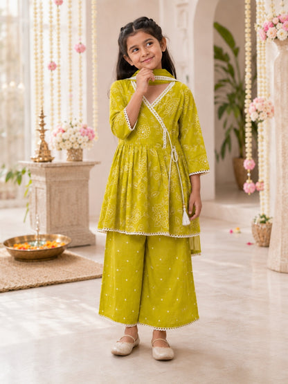EmbroidedMul cotton Lime Greencoloured  flared kurti with embroided palazzo