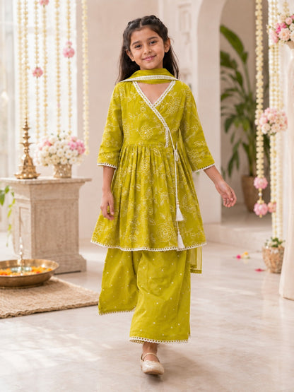 EmbroidedMul cotton Lime Greencoloured  flared kurti with embroided palazzo
