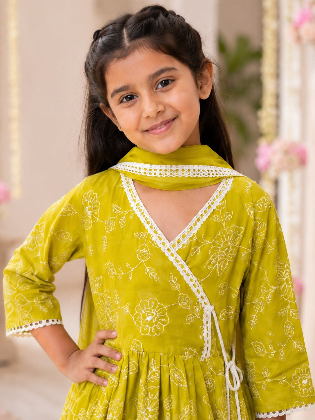 EmbroidedMul cotton Lime Greencoloured  flared kurti with embroided palazzo