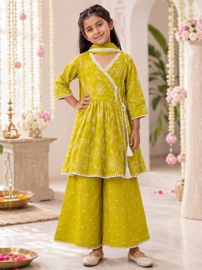 EmbroidedMul cotton Lime Greencoloured  flared kurti with embroided palazzo