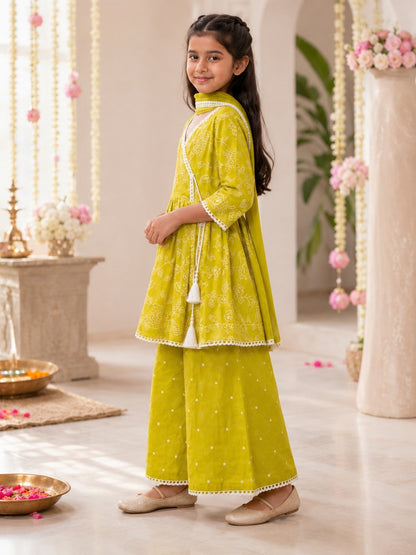 EmbroidedMul cotton Lime Greencoloured  flared kurti with embroided palazzo