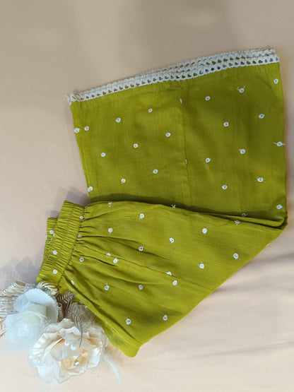 EmbroidedMul cotton Lime Greencoloured  flared kurti with embroided palazzo