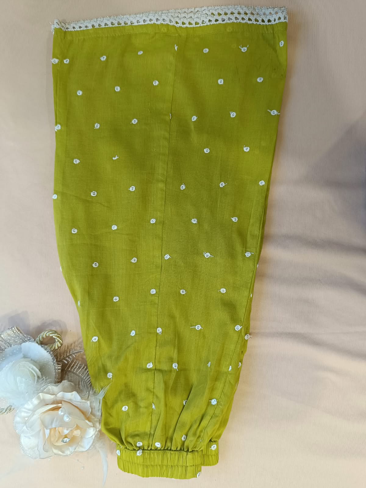 EmbroidedMul cotton Lime Greencoloured  flared kurti with embroided palazzo
