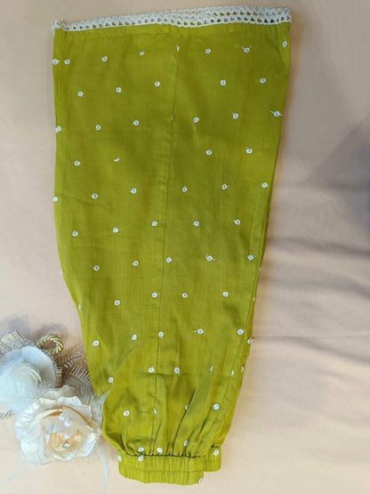 EmbroidedMul cotton Lime Greencoloured  flared kurti with embroided palazzo