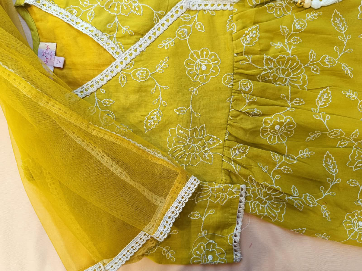EmbroidedMul cotton Lime Greencoloured  flared kurti with embroided palazzo