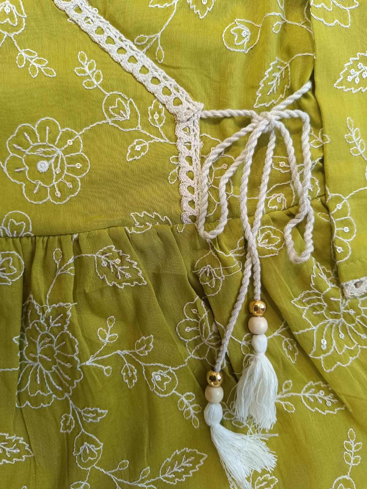 EmbroidedMul cotton Lime Greencoloured  flared kurti with embroided palazzo