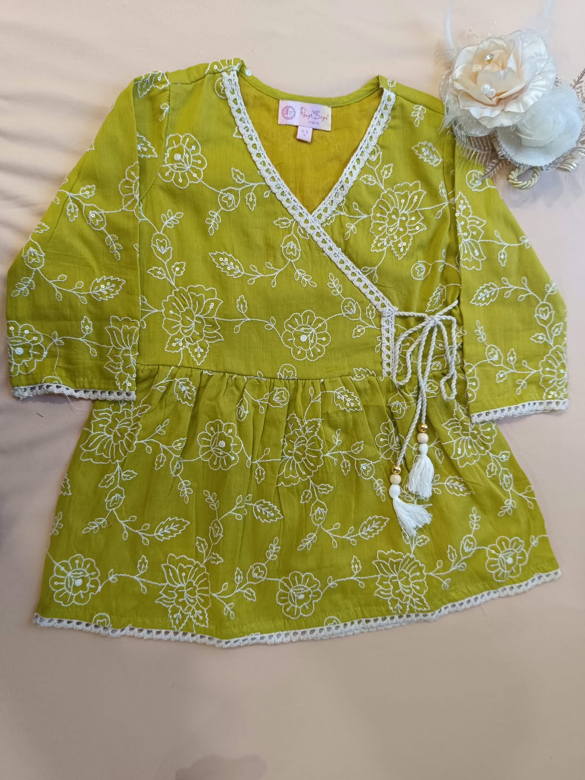 EmbroidedMul cotton Lime Greencoloured  flared kurti with embroided palazzo