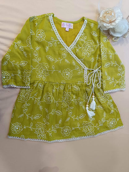 EmbroidedMul cotton Lime Greencoloured  flared kurti with embroided palazzo