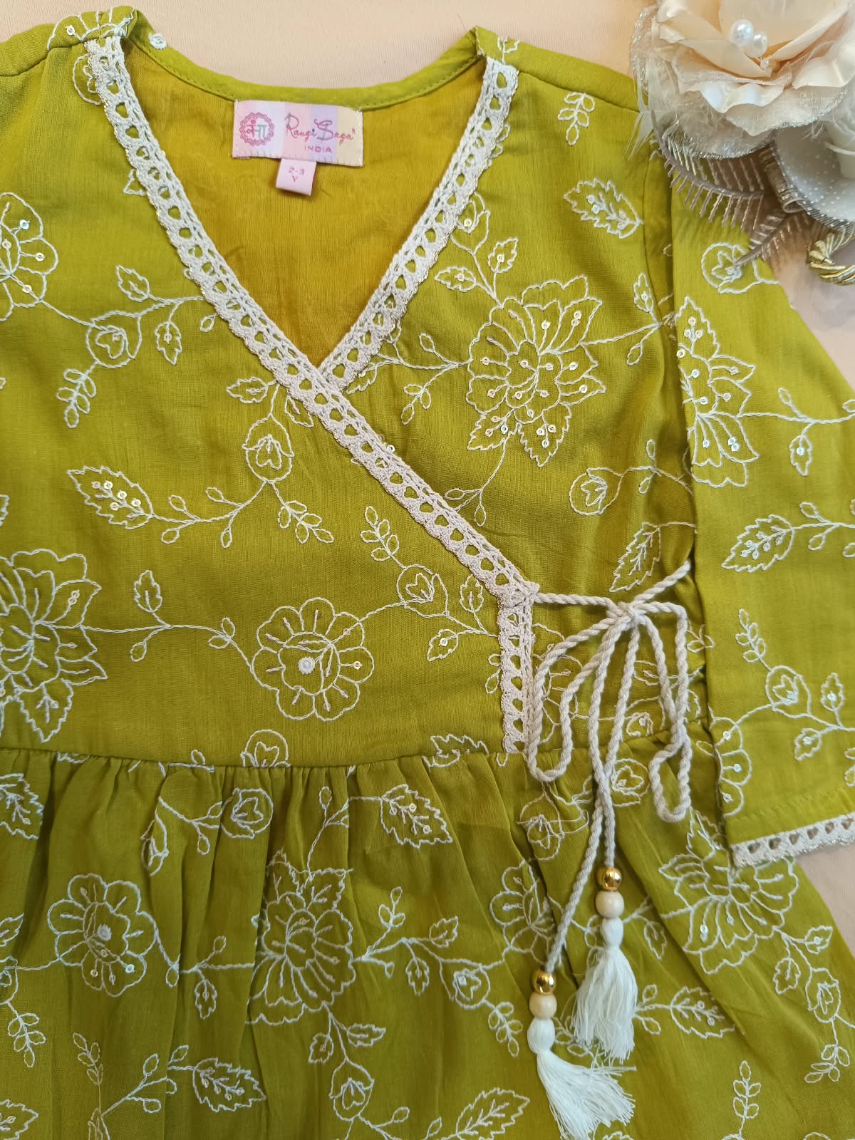 EmbroidedMul cotton Lime Greencoloured  flared kurti with embroided palazzo