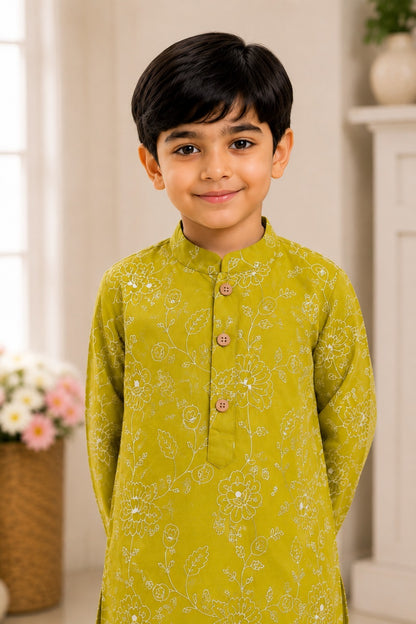 Embroided  Mul cotton Lime Greencoloured  Kurta with embroided Pajama