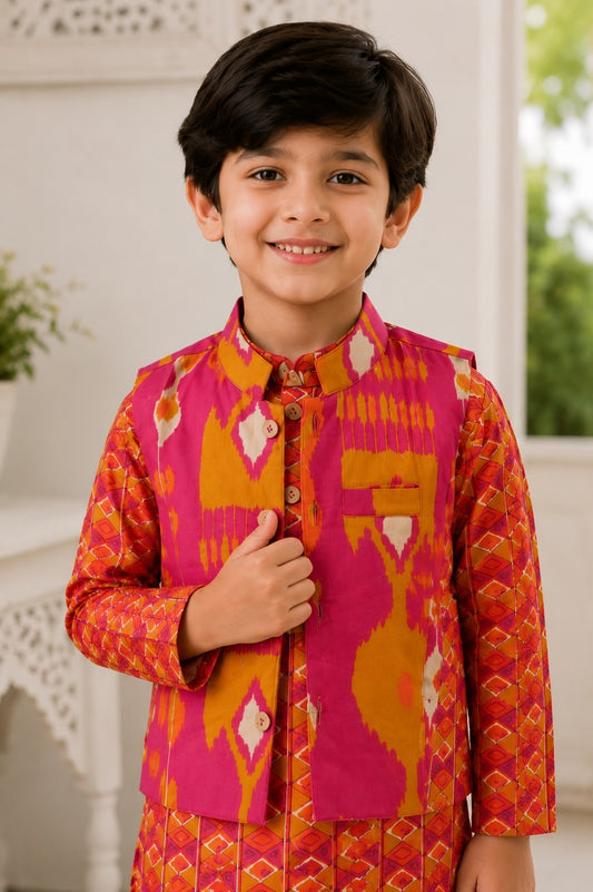 Rani PinkIkkat printed Jacket with Ikkat print Kurta Pyjama
