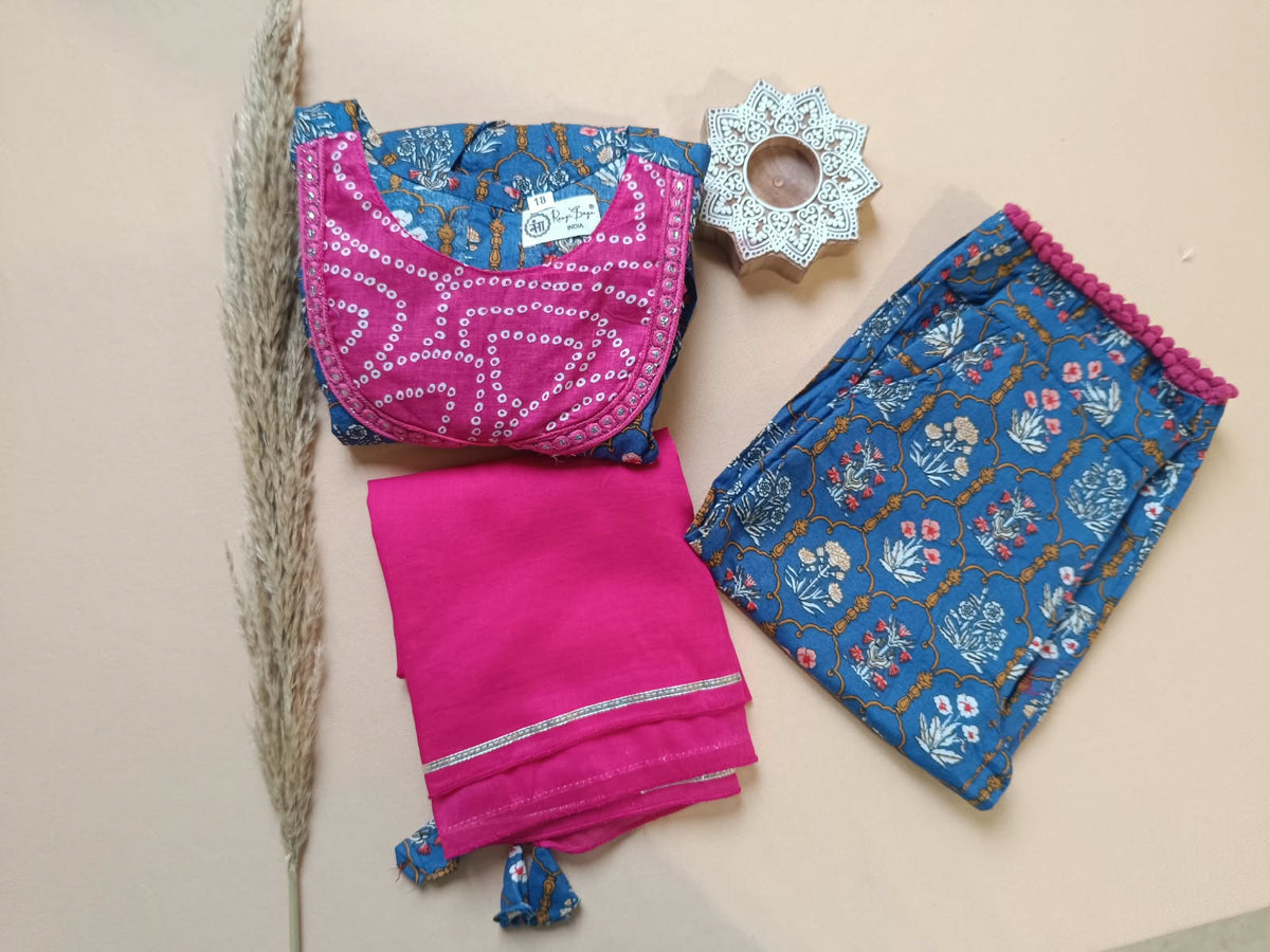 Navy Blue ColourMughal Boota, screen printed Girls Flare Suit Set