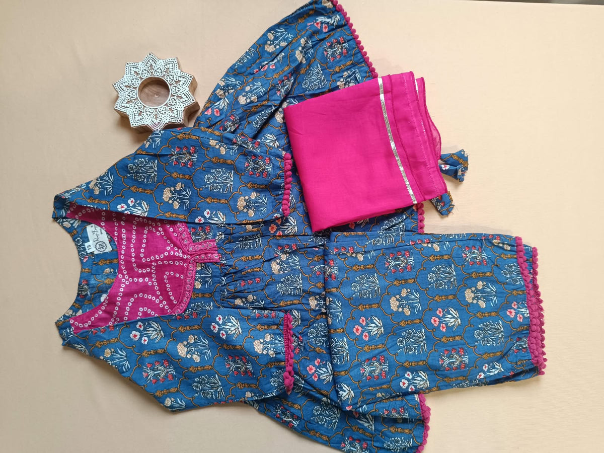 Navy Blue ColourMughal Boota, screen printed Girls Flare Suit Set