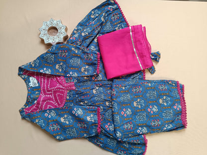 Navy Blue ColourMughal Boota, screen printed Girls Flare Suit Set