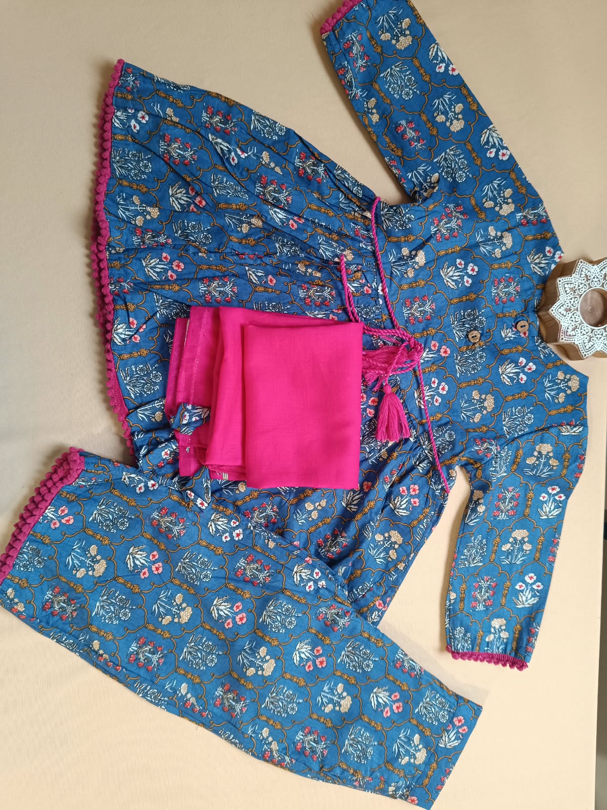 Navy Blue ColourMughal Boota, screen printed Girls Flare Suit Set