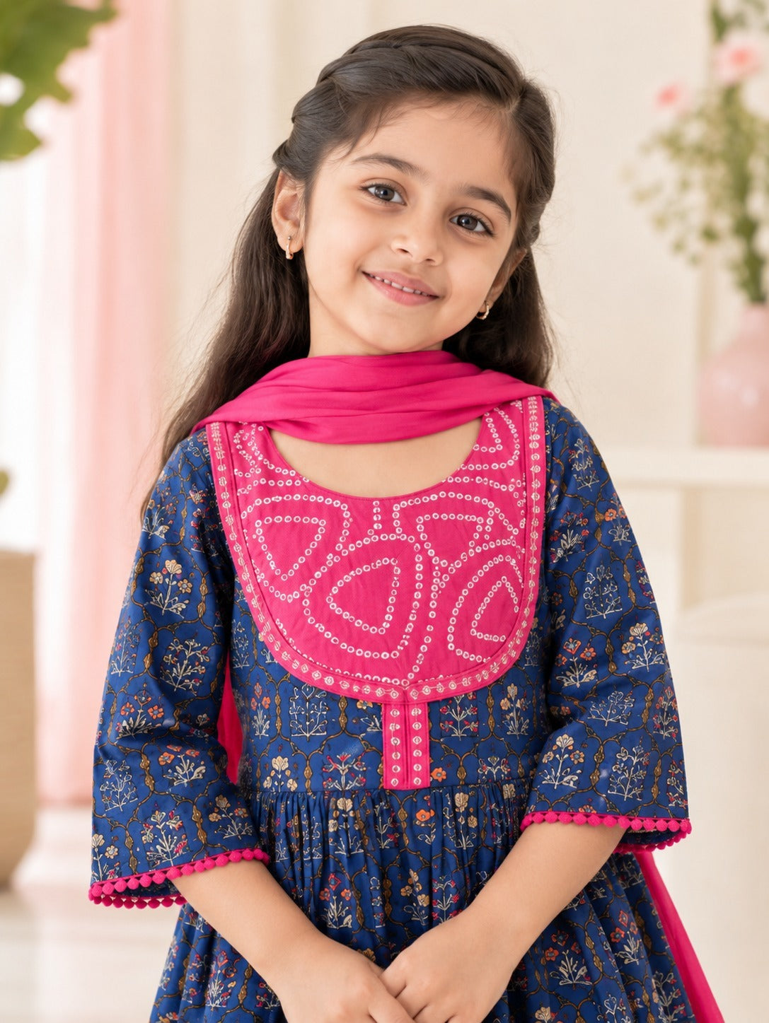 Navy Blue ColourMughal Boota, screen printed Girls Flare Suit Set
