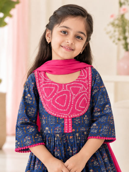 Navy Blue ColourMughal Boota, screen printed Girls Flare Suit Set